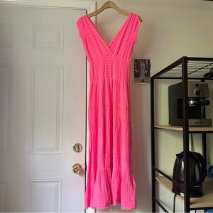 FELICITE neon pink v-neck garment dyed indigo gauze cotton tiered midi dress